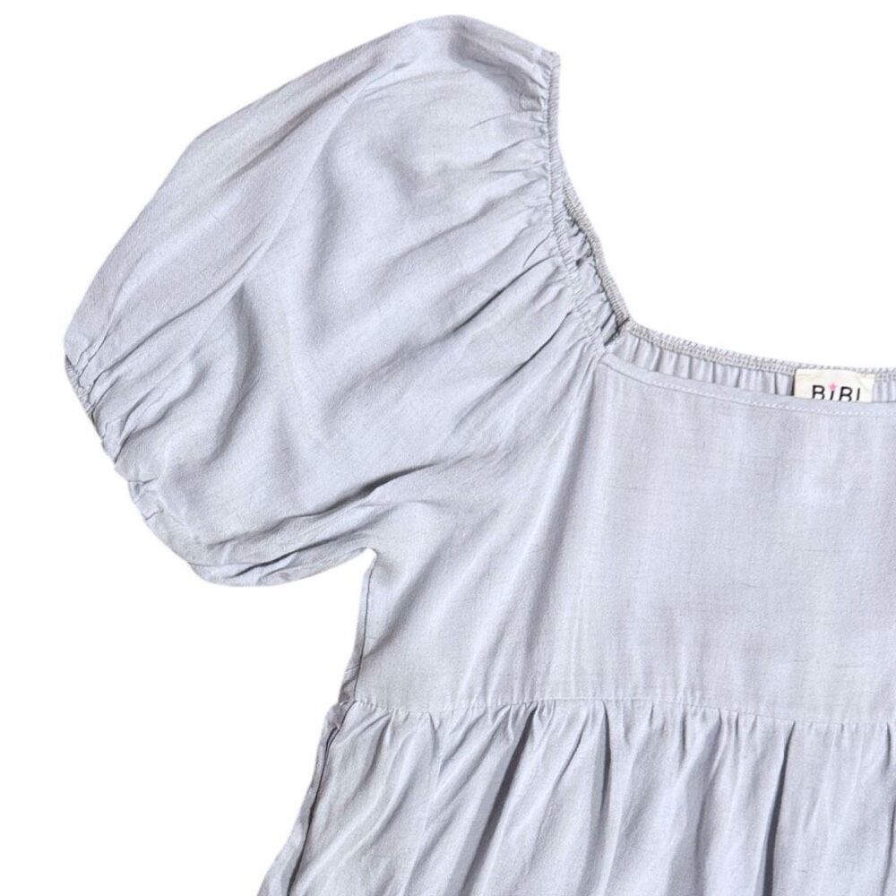 BiBi Mini Dress Blue Washed Linen Puff Sleeve Empire Waist NEW - Picture 9 of 11